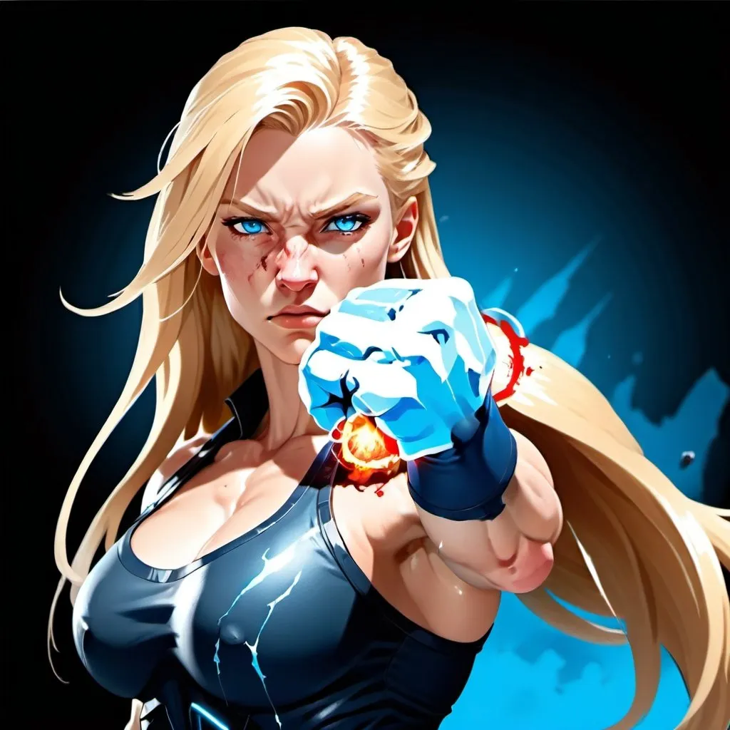 Prompt: Female figure. Greater bicep definition. Sharper, clearer blue eyes. Nosebleed. Long Blonde hair flapping. Frostier, glacier effects. Fierce combat stance. Icy Knuckles.