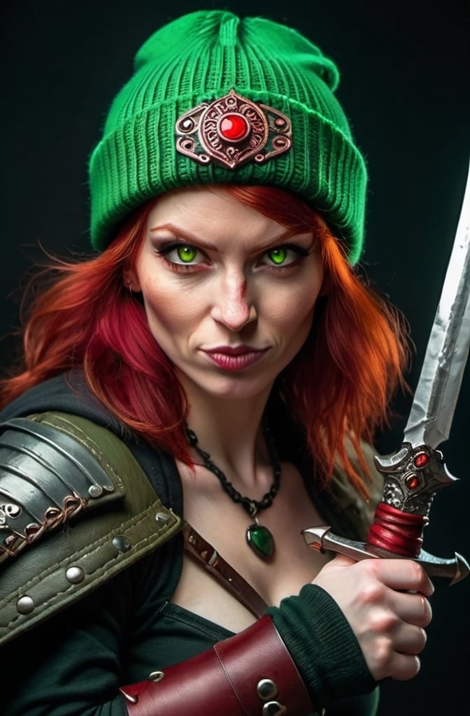 Prompt: Evil red-haired warrior woman With Carmine Red eyes, wearing a green beanie and a mischievous smirk. Carries daggers.