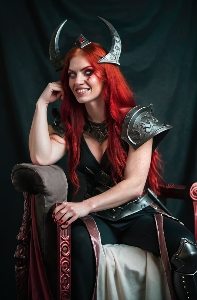 Prompt: Evil red-haired warrior woman with a mischievous grin. Carmine, red eyes. She is sitting on a Throne. 