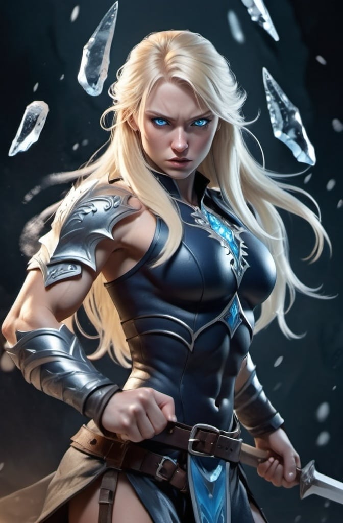 Prompt: Female figure. Greater bicep definition. Sharper, clearer blue eyes. Nosebleed. Long Blonde hair flapping. Frostier, glacier effects. Fierce combat stance. Ice Daggers.