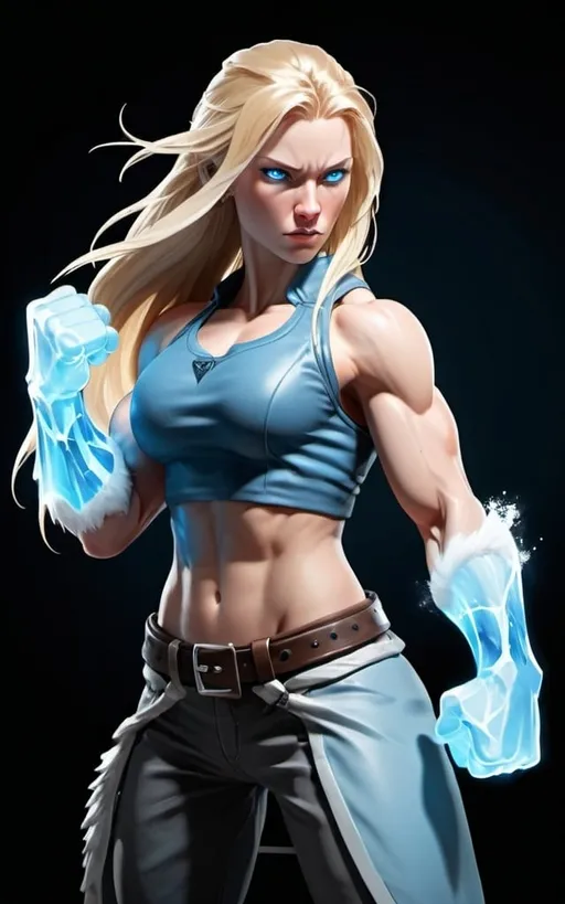 Prompt: Female figure. Greater bicep definition. Sharper, clearer blue eyes. Long Blonde hair flapping. Frostier, glacier effects. Fierce combat stance. Icy Knuckles. Raging Fists.