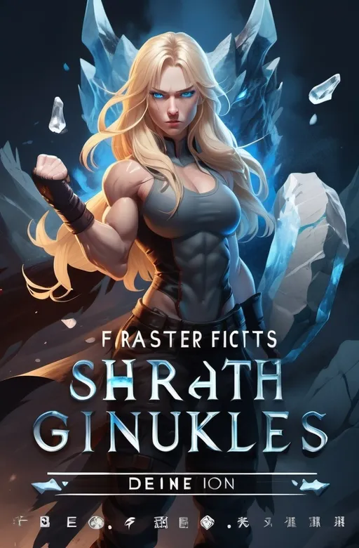 Prompt:  Female figure. Greater bicep definition. Sharper, clearer blue eyes. Nosebleed. Long Blonde hair flapping. Frostier, glacier effects. Fierce combat stance. Raging Fists. Icy Knuckles. 