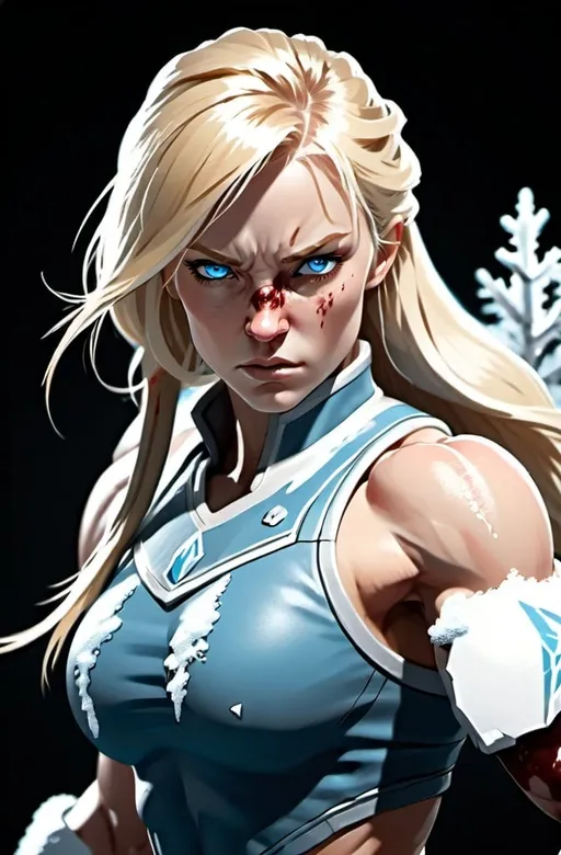 Prompt: Female figure. Greater bicep definition. Sharper, clearer blue eyes. Long Blonde hair flapping. Nosebleed. Frostier, glacier effects. Fierce combat stance. Frost Covered Raging Fists.