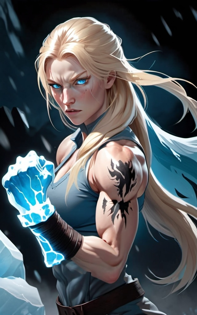 Prompt: Female figure. Greater bicep definition. Sharper, clearer blue eyes. Nosebleed. Long Blonde hair flapping. Frostier, glacier effects. Fierce combat stance. Raging Fists. Icy Knuckles.