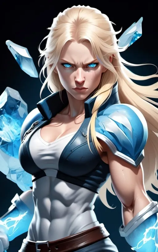 Prompt: Female figure. Greater bicep definition. Sharper, clearer blue eyes. Nosebleed. Long Blonde hair flapping. Frostier, glacier effects. Fierce combat stance. Raging Fists. Icy Knuckles.