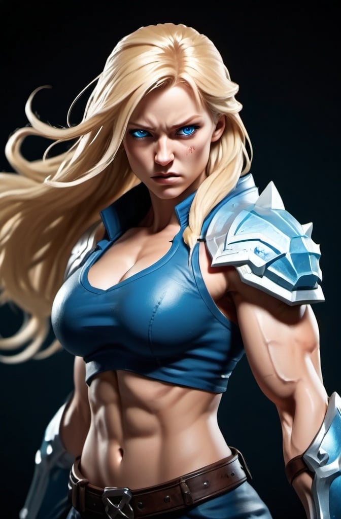 Prompt: Female figure. Greater bicep definition. Sharper, clearer blue eyes. Nosebleed. Long Blonde hair flapping. Frostier, glacier effects. Fierce combat stance.