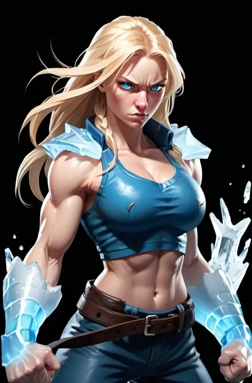 Prompt: Female figure. Greater bicep definition. Sharper, clearer blue eyes. Nosebleed. Long Blonde hair flapping. Frostier, glacier effects. Fierce combat stance. Raging Fists. Icy Knuckles. 