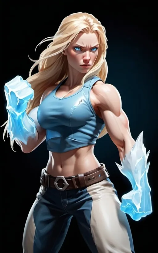 Prompt: Female figure. Greater bicep definition. Sharper, clearer blue eyes. Long Blonde hair flapping. Frostier, glacier effects. Fierce combat stance. Raging Fists. Icy Knuckles.