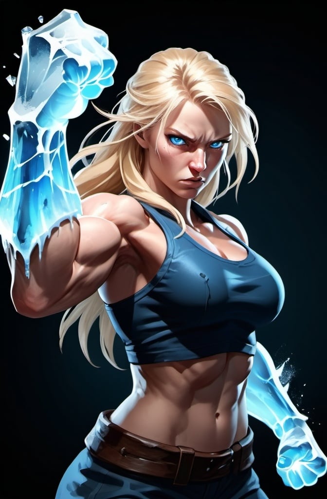 Prompt: Female figure. Greater bicep definition. Sharper, clearer blue eyes. Bleeding. Long Blonde hair flapping. Frostier, glacier effects. Fierce combat stance. Raging Fists. Icy Knuckles. 