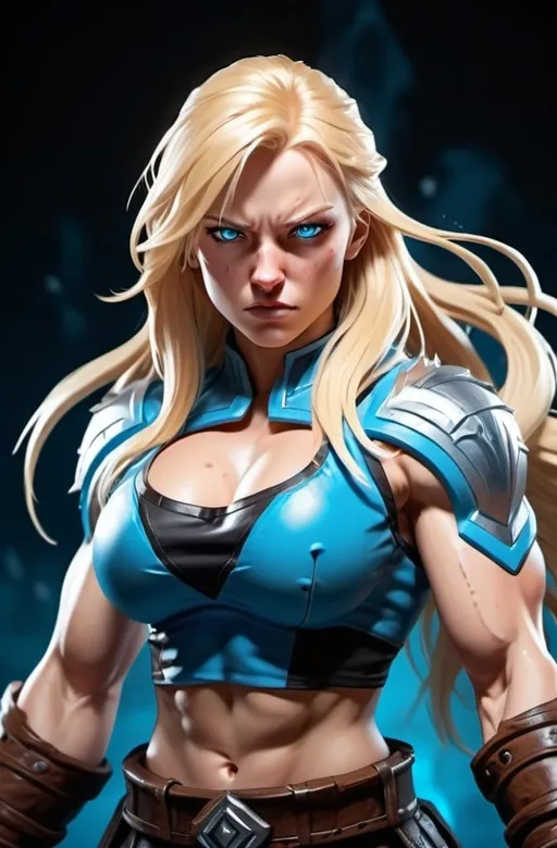 Prompt: Female figure. Greater bicep definition. Sharper, clearer blue eyes. Nosebleed. Long Blonde hair flapping. Frostier, glacier effects. Fierce combat stance. Raging Fists. Icy Knuckles. 