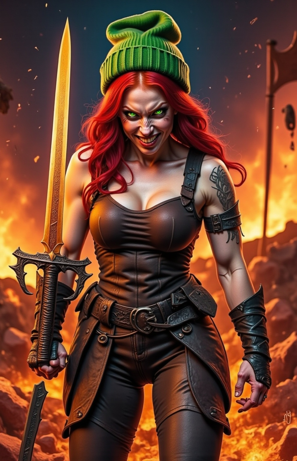 Prompt: @wbV7YKlXTFt2cBPb46HT A fierce female warrior with a determined expression licks her gleaming blade in sadistic glee. She stands in a dimly lit, battle-scarred landscape, the remnants of a fierce conflict scattered around her—broken weapons and tattered banners. The moonlight casts an eerie glow, highlighting the intricate designs etched into her weapon and the fierce glint in her eyes. Her armor is a mix of dark leather and metal, adorned with spikes and battle scars, emphasizing her ruthless nature. The camera captures her in a close-up, focusing on the sharp edge of the blade and the wicked smile on her face, while shadows dance around her, enhancing the ominous atmosphere.