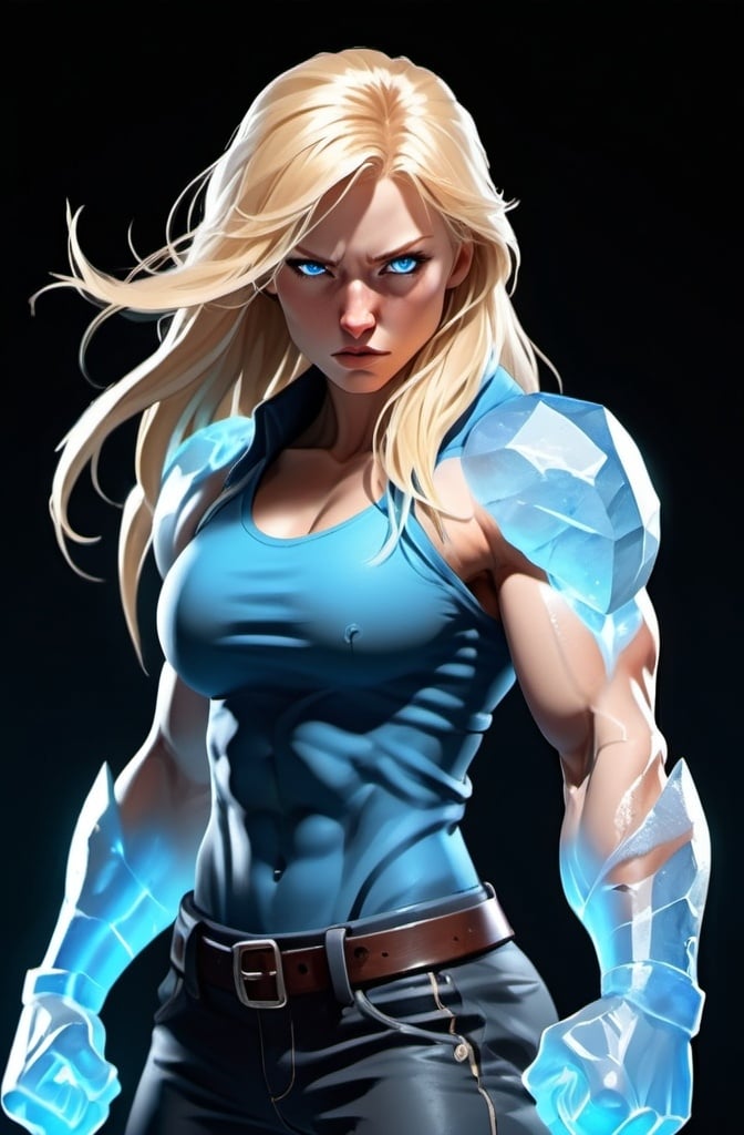 Prompt: Female figure. Greater bicep definition. Sharper, clearer blue eyes. Nosebleed. Long Blonde hair flapping. Frostier, glacier effects. Fierce combat stance. Raging Fists. Icy Knuckles. Wearing Pants. 