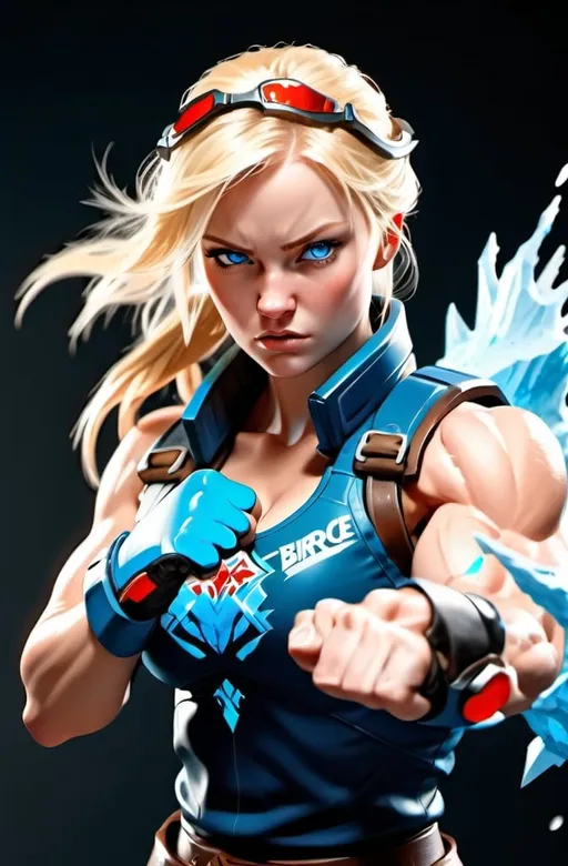 Prompt: Female figure. Greater bicep definition. Sharper, clearer blue eyes. Blonde hair flapping. Frostier, glacier effects. Fierce combat stance. Raging Fists. 