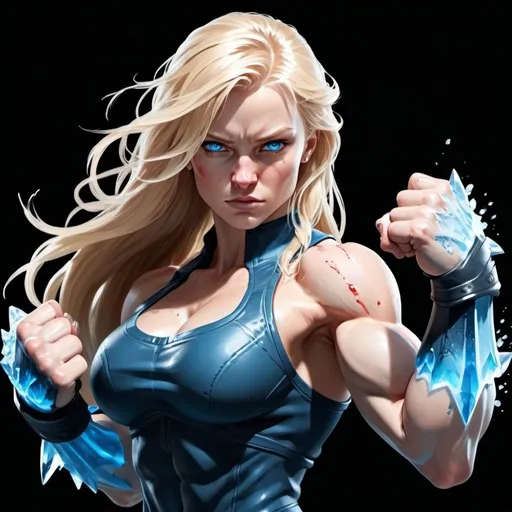 Prompt: Female figure. Greater bicep definition. Sharper, clearer blue eyes. Bleeding. Long Blonde hair flapping. Frostier, glacier effects. Fierce combat stance. Icy Knuckles. 