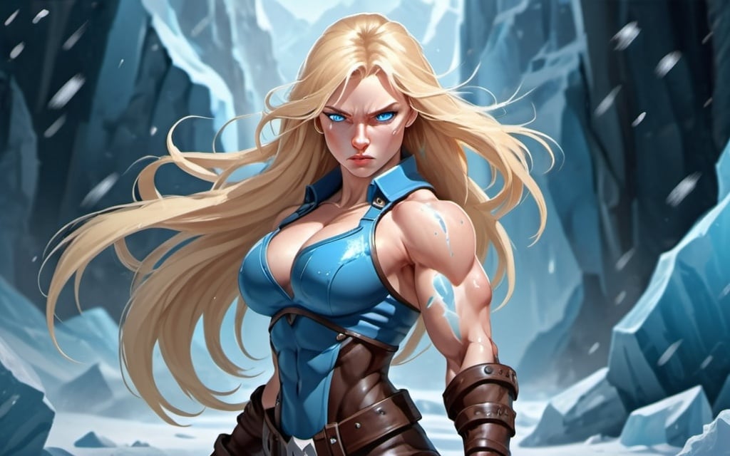 Prompt: Female figure. Greater bicep definition. Sharper, clearer blue eyes. Nosebleed. Long Blonde hair flapping. Frostier, glacier effects. Fierce combat stance. Icy Knuckles.  