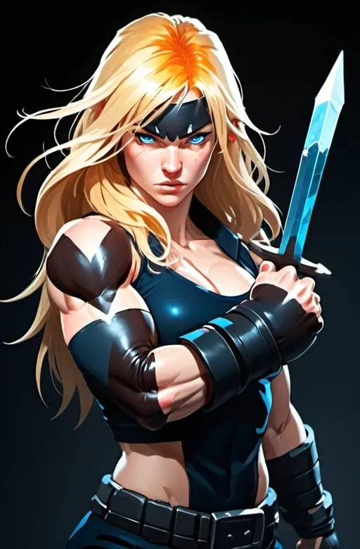 Prompt: Female figure. Greater bicep definition. Sharper, clearer blue eyes. Nosebleed. Long Blonde hair flapping. Frostier, glacier effects. Fierce combat stance. Raging Fists. Icy Knuckles.