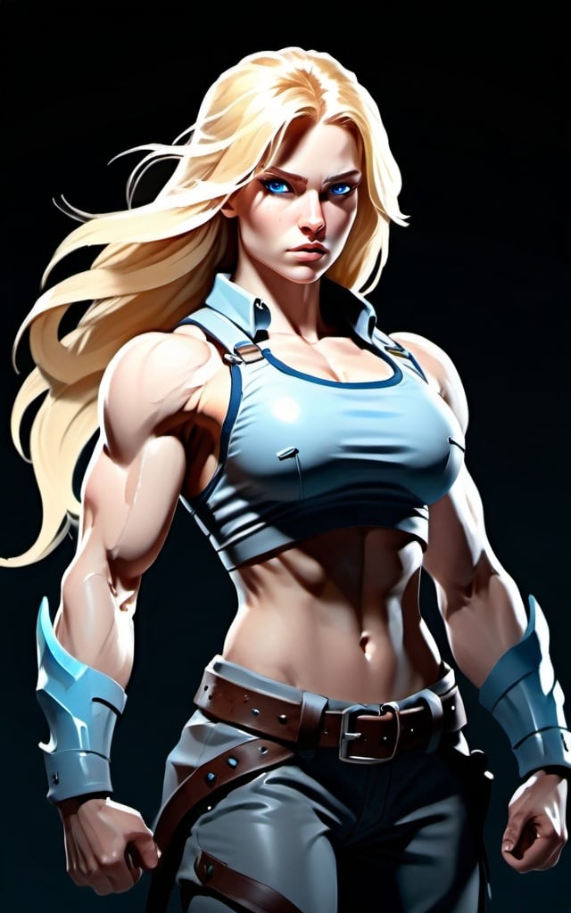 Prompt: Female figure. Greater bicep definition. Sharper, clearer blue eyes. Long Blonde hair flapping. Frostier, glacier effects. Fierce combat stance. Hand on hip. 