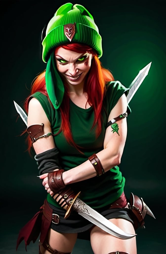 Prompt: Evil red-haired warrior woman, wearing a green beanie and a mischievous smirk. Carries daggers. 