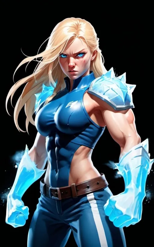 Prompt: Female figure. Greater bicep definition. Sharper, clearer blue eyes. Nosebleed. Long Blonde hair flapping. Frostier, glacier effects. Fierce combat stance. Raging Fists. Icy Knuckles. 