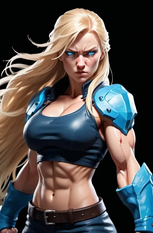 Prompt: Female figure. Greater bicep definition. Sharper, clearer blue eyes. Nosebleed. Long Blonde hair flapping. Frostier, glacier effects. Fierce combat stance. Raging Fists. 