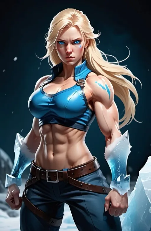 Prompt: Female figure. Greater bicep definition. Sharper, clearer blue eyes. Bleeding. Long Blonde hair flapping. Frostier, glacier effects. Fierce combat stance. Icy Knuckles.