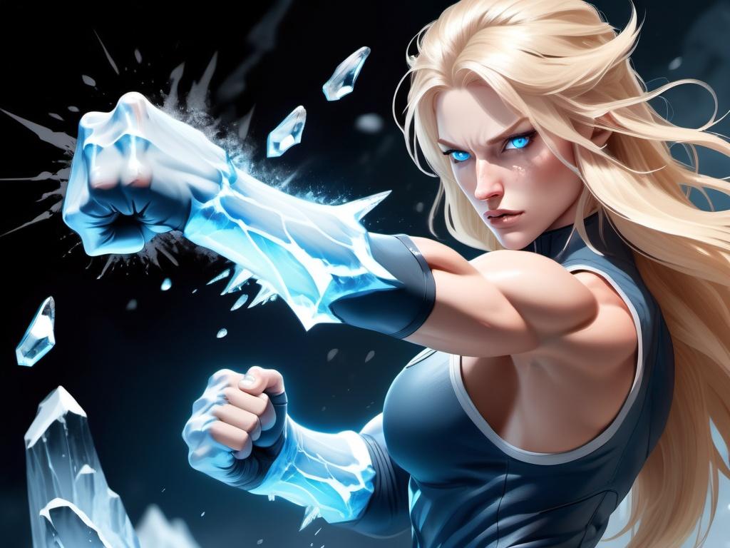 Prompt: Female figure. Greater bicep definition. Sharper, clearer blue eyes. Nosebleed. Long Blonde hair flapping. Frostier, glacier effects. Fierce combat stance. Raging Fists. Icy Knuckles.