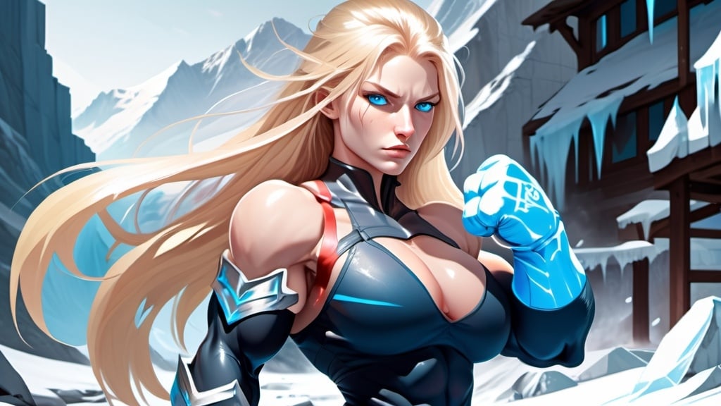 Prompt: Female figure. Greater bicep definition. Sharper, clearer blue eyes. Nosebleed. Long Blonde hair flapping. Frostier, glacier effects. Fierce combat stance. Raging Fists. Icy Knuckles.