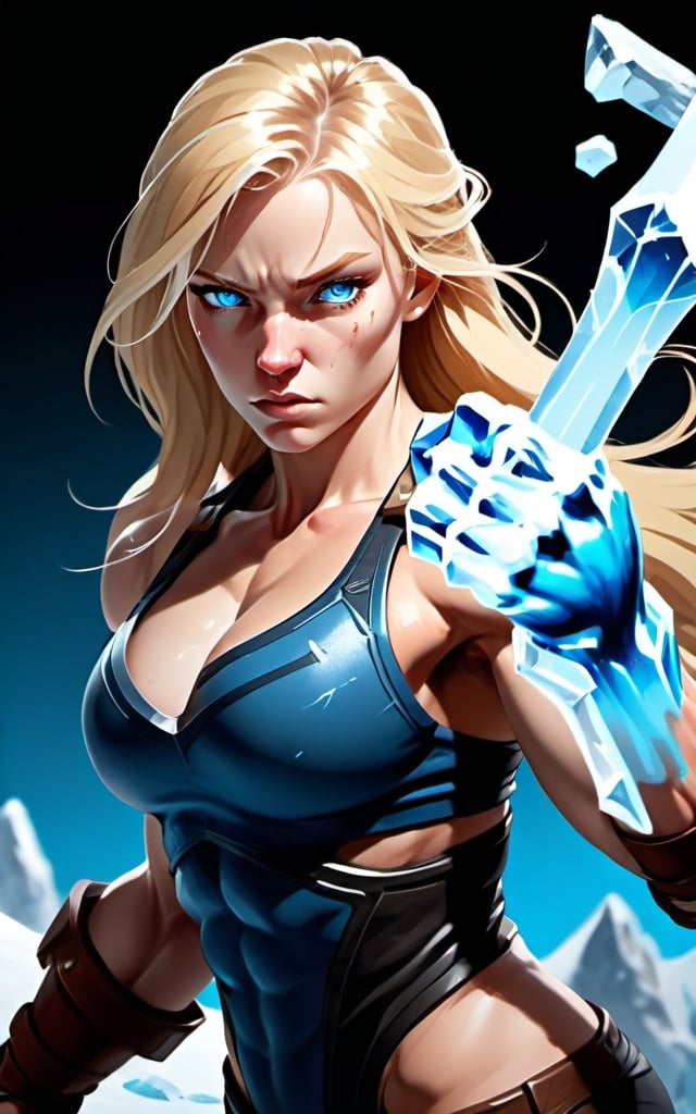 Prompt: Female figure. Greater bicep definition. Sharper, clearer blue eyes. Nosebleed. Long Blonde hair flapping. Frostier, glacier effects. Fierce combat stance. Icy Knuckles.