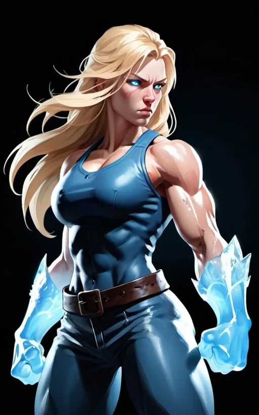 Prompt: Female figure. Greater bicep definition. Sharper, clearer blue eyes. Nosebleed. Long Blonde hair flapping. Frostier, glacier effects. Fierce combat stance. Raging Fists. Icy Knuckles. 