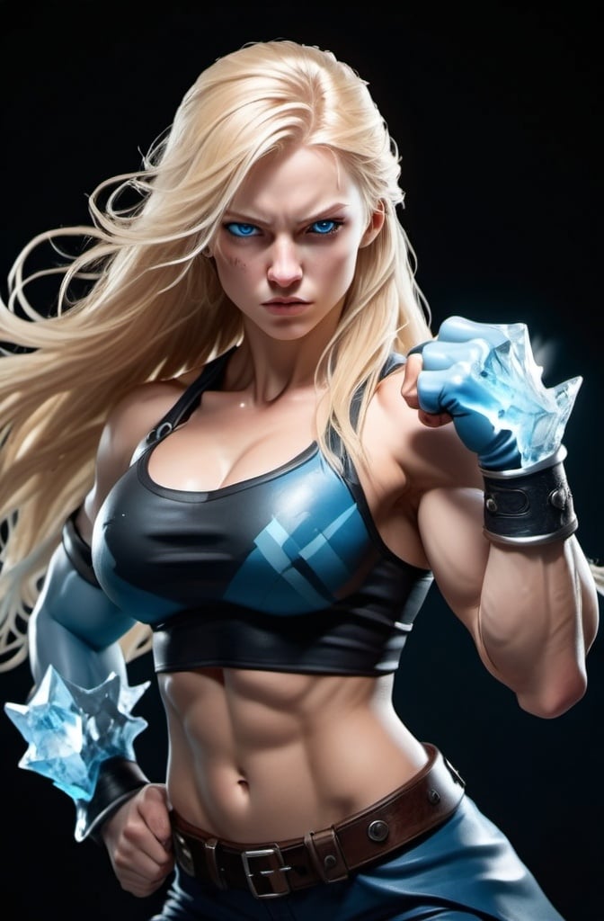 Prompt: Female figure. Greater bicep definition. Sharper, clearer blue eyes. Nosebleed. Long Blonde hair flapping. Frostier, glacier effects. Fierce combat stance. Icy Knuckles.