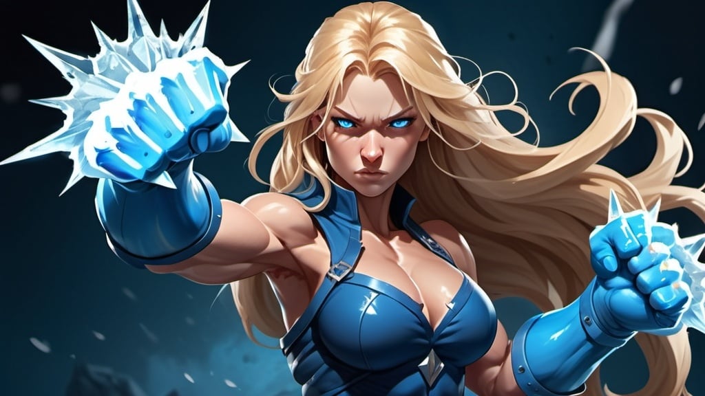 Prompt: Female figure. Greater bicep definition. Sharper, clearer blue eyes. Nosebleed. Long Blonde hair flapping. Blue outfit. Frostier, glacier effects. Fierce combat stance. Raging Fists. Icy Knuckles. 