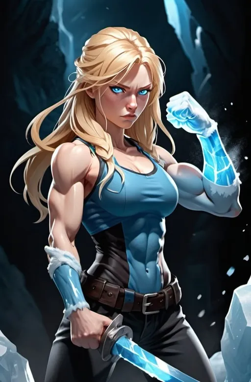 Prompt: Female figure. Greater bicep definition. Sharper, clearer blue eyes. Nosebleed. Long Blonde hair flapping. Frostier, glacier effects. Fierce combat stance. Raging Fists. Icy Knuckles. 