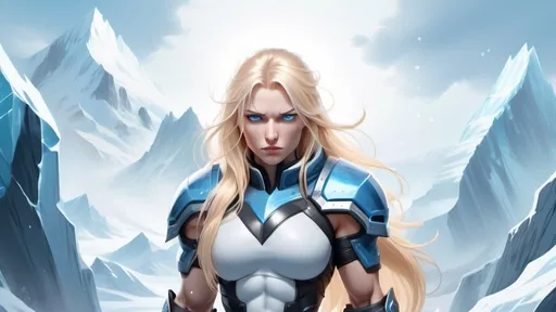 Prompt: Female figure. Greater bicep definition. Sharper, clearer blue eyes. Nosebleed. Long Blonde hair flapping. Frostier, glacier effects. Fierce combat stance. Raging Fists. Icy Knuckles.