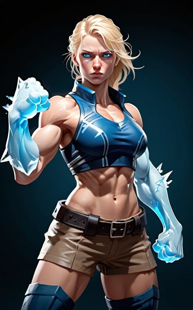 Prompt: Female figure. Greater bicep definition. Sharper, clearer blue eyes. Nosebleed. Long Blonde hair flapping. Frostier, glacier effects. Fierce combat stance. Icy Knuckles. 