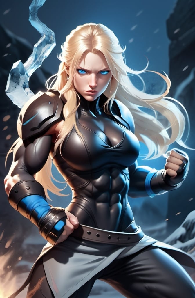 Prompt: Female figure. Greater bicep definition. Sharper, clearer blue eyes. Nosebleed. Long Blonde hair flapping. Frostier, glacier effects. Fierce combat stance. Raging Fists. Icy Knuckles.