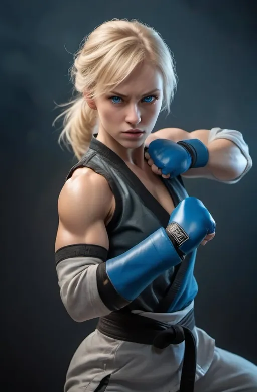 Prompt: Female figure. Greater bicep definition. Sharper, clearer blue eyes. Blonde hair flapping. Frostier, glacier effects. Fierce combat stance. Martial artist. 