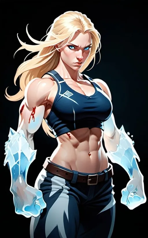 Prompt: Female figure. Greater bicep definition. Sharper, clearer blue eyes. Nosebleed. Long Blonde hair flapping. Frostier, glacier effects. Fierce combat stance. Icy Knuckles. 