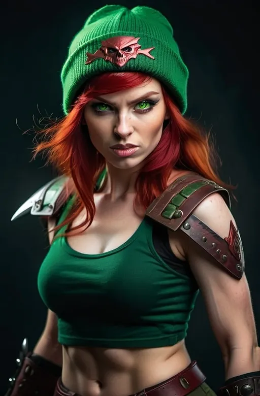 Prompt: Evil red-haired warrior woman, wearing a green beanie and a mischievous smirk. Carmine, red eyes. Fierce combat stance. 