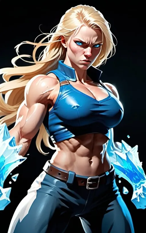 Prompt: Female figure. Greater bicep definition. Sharper, clearer blue eyes. Nosebleed. Long Blonde hair flapping. Frostier, glacier effects. Fierce combat stance. Icy Knuckles. Enraged.