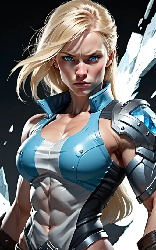 Prompt: Female figure. Greater bicep definition. Sharper, clearer blue eyes. Long Blonde hair flapping. Frostier, glacier effects. Fierce expression. Hand on hip. 