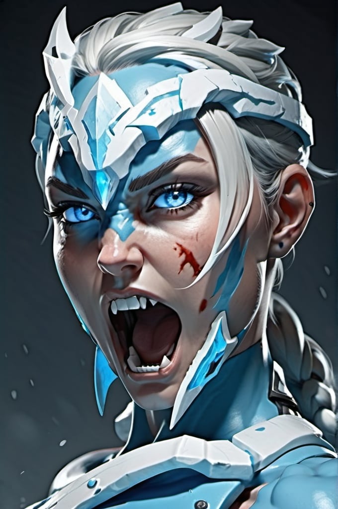 Prompt: Female figure. Greater bicep definition. Sharper, clearer blue eyes.  Frostier, glacier effects.  Fierce combat stance. Raging Fists. 