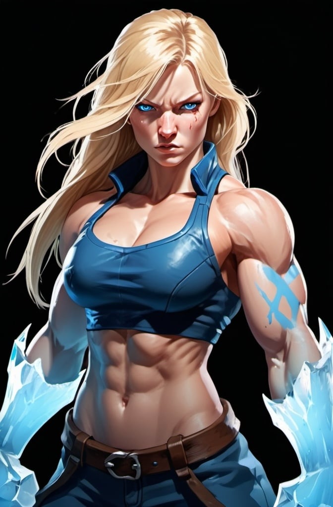 Prompt: Female figure. Greater bicep definition. Sharper, clearer blue eyes. Nosebleed. Long Blonde hair flapping. Frostier, glacier effects. Fierce combat stance. Raging Fists. Icy Knuckles. 