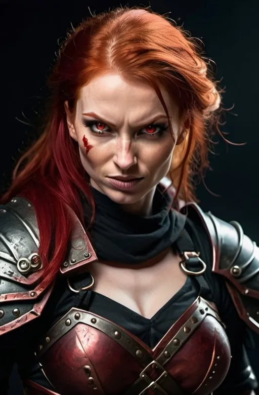 Prompt: Evil red-haired warrior woman with a mischievous grin. Carmine, red eyes. Fierce combat stance.