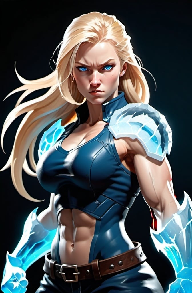 Prompt: Female figure. Greater bicep definition. Sharper, clearer blue eyes. Long Blonde hair flapping. Frostier, glacier effects. Fierce combat stance. Icy Knuckles. Raging Fists.