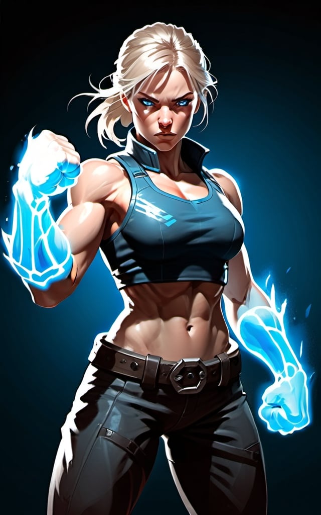 Prompt: Female figure. Greater bicep definition. Sharper, clearer blue eyes.  Frostier, glacier effects.  Fierce combat stance. Raging Fists. 