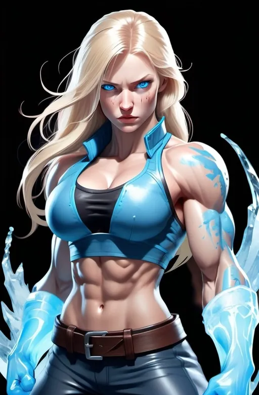 Prompt: Female figure. Greater bicep definition. Sharper, clearer blue eyes. Nosebleed. Long Blonde hair flapping. Frostier, glacier effects. Fierce combat stance. Raging Fists. Icy Knuckles.