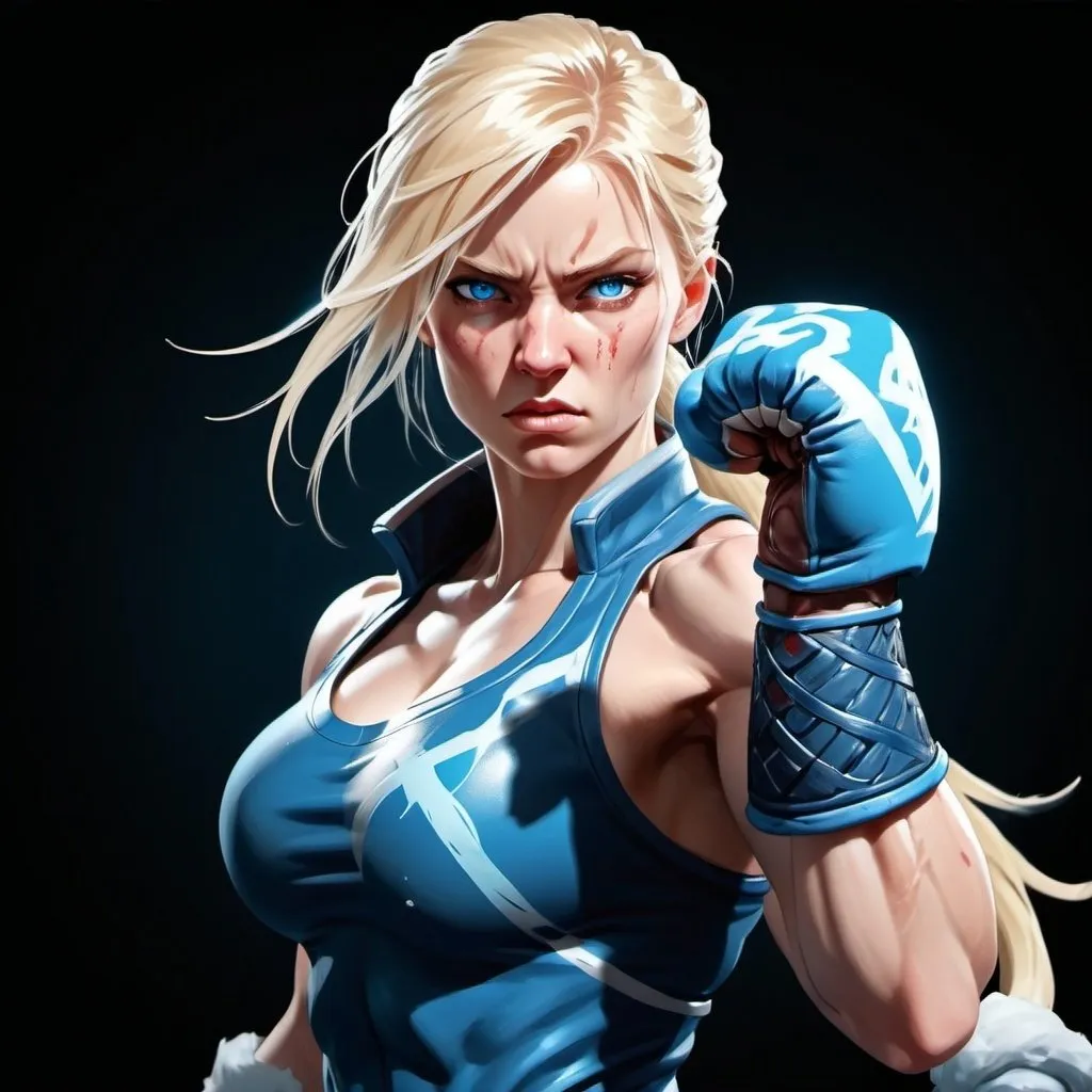 Prompt: Female figure. Greater bicep definition. Sharper, clearer blue eyes. Bleeding. Long Blonde hair flapping. Frostier, glacier effects. Fierce combat stance. Raging Fists. Icy Knuckles. 