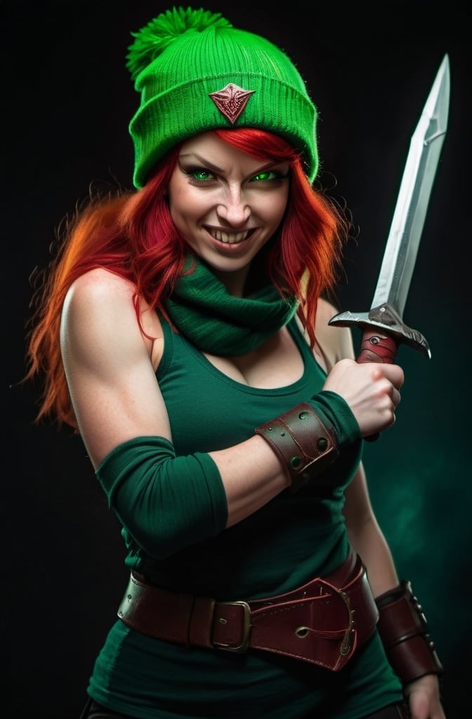 Prompt: Evil red-haired warrior woman, wearing a green beanie and a mischievous smirk. Carmine, red eyes. Fierce combat stance. 