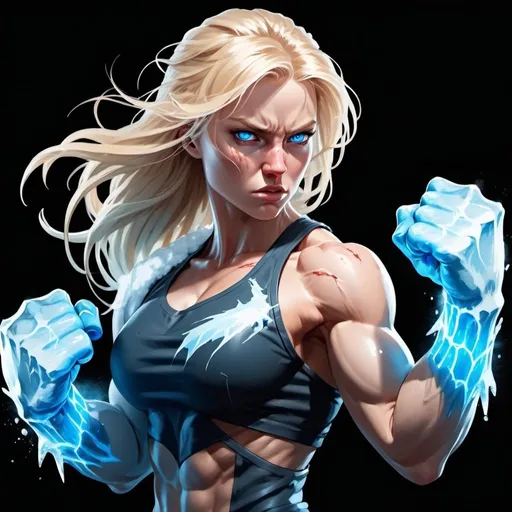 Prompt: Female figure. Greater bicep definition. Sharper, clearer blue eyes. Bleeding. Long Blonde hair flapping. Frostier, glacier effects. Fierce combat stance. Raging Fists. Icy Knuckles.