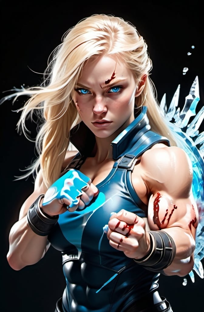 Prompt: Female figure. Greater bicep definition. Sharper, clearer blue eyes. Bleeding. Long Blonde hair flapping. Frostier, glacier effects. Fierce combat stance. Icy Knuckles.